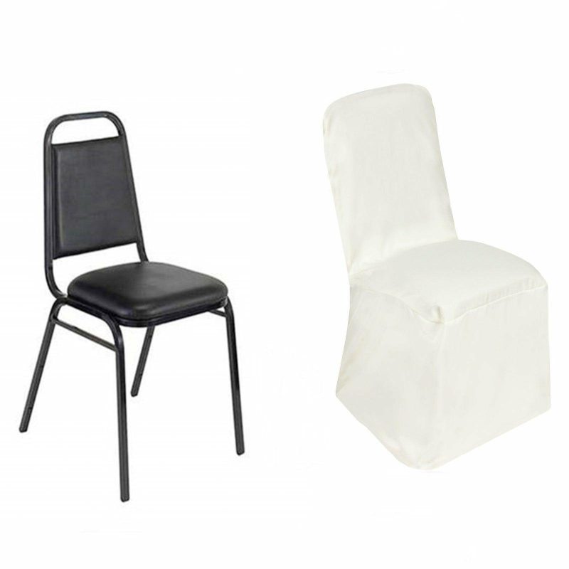 Ivory Polyester Square Top Banquet Chair Cover, Reusable Slip On Chair Cover  |   Polyester & Satin Banquet Chair Covers Ivory