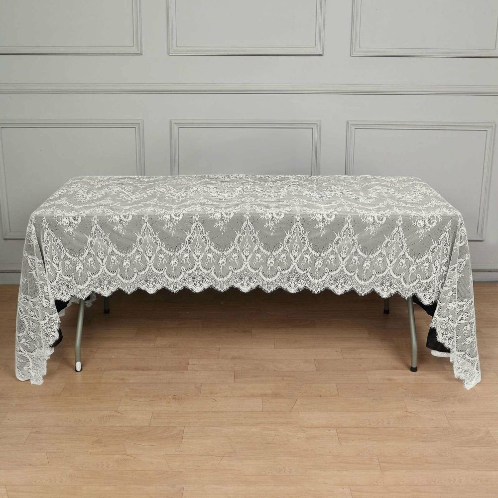 Ivory Premium Lace Seamless Rectangle Tablecloth, Vintage Lace Table Cover With Scalloped Frill Edges 60″x120″  |   Jute Burlap & Lace Jute Burlap & Lace Ivory