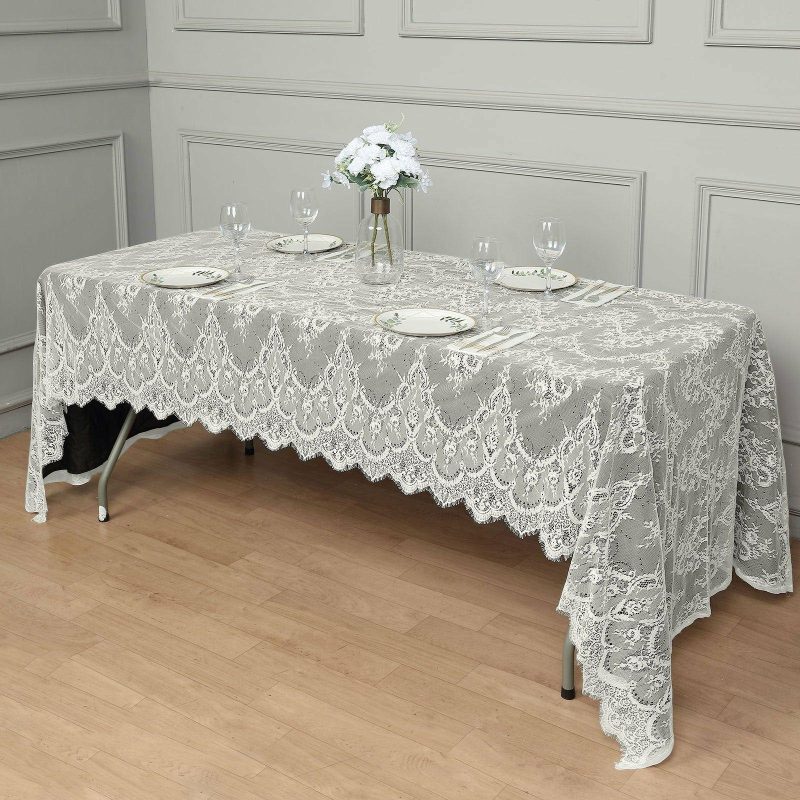 Ivory Premium Lace Seamless Rectangle Tablecloth, Vintage Lace Table Cover With Scalloped Frill Edges 60″x120″  |   Jute Burlap & Lace Jute Burlap & Lace Ivory