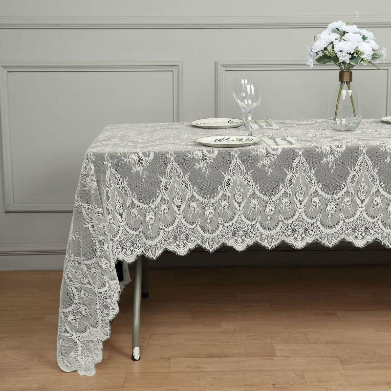 Ivory Premium Lace Seamless Rectangle Tablecloth, Vintage Lace Table Cover With Scalloped Frill Edges 60″x120″  |   Jute Burlap & Lace Jute Burlap & Lace Ivory