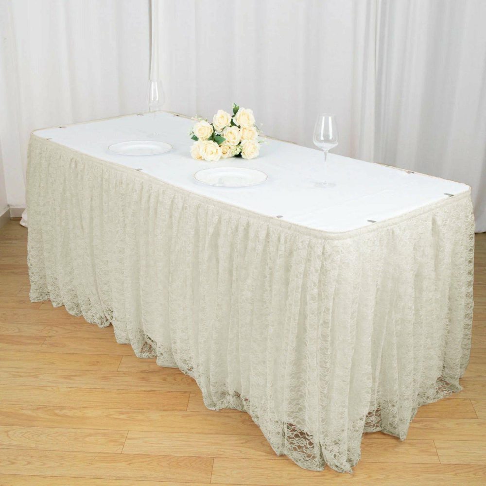 Ivory Premium Pleated Lace Table Skirt 14ft  |   Jute Burlap & Lace Jute Burlap & Lace Ivory