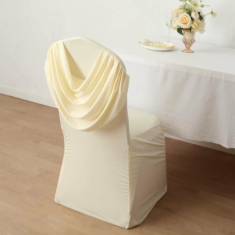 Ivory Ruched Swag Back Spandex Fitted Banquet Chair Cover With Foot Pockets  |   Spandex Fitted Banquet Chair Covers Ivory