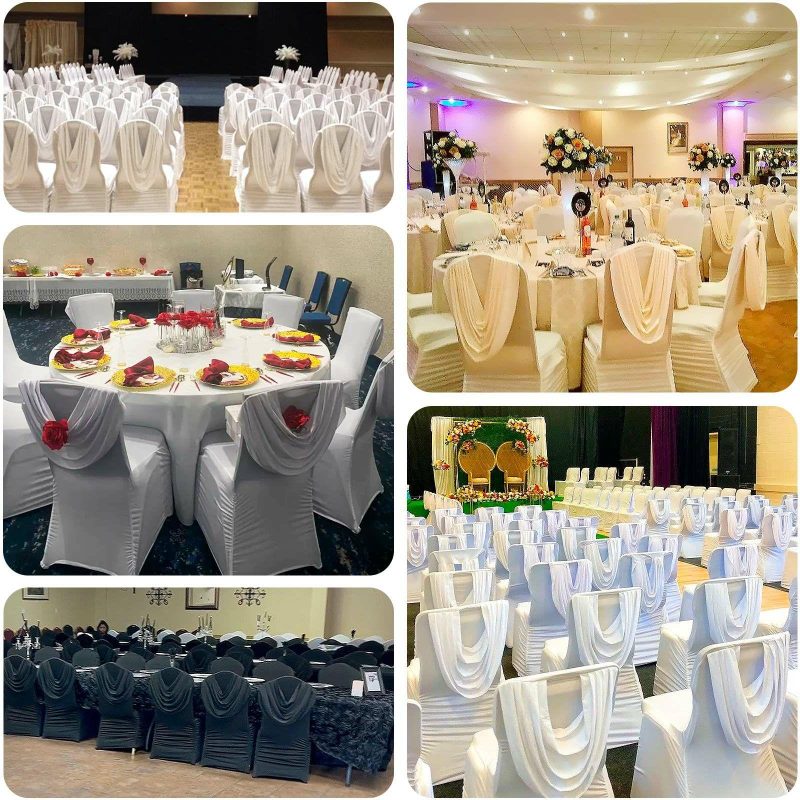 Ivory Ruched Swag Back Spandex Fitted Banquet Chair Cover With Foot Pockets  |   Spandex Fitted Banquet Chair Covers Ivory