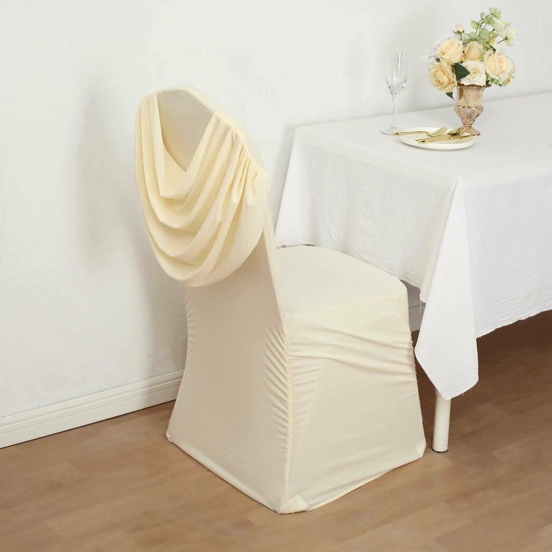 Ivory Ruched Swag Back Spandex Fitted Banquet Chair Cover With Foot Pockets  |   Spandex Fitted Banquet Chair Covers Ivory