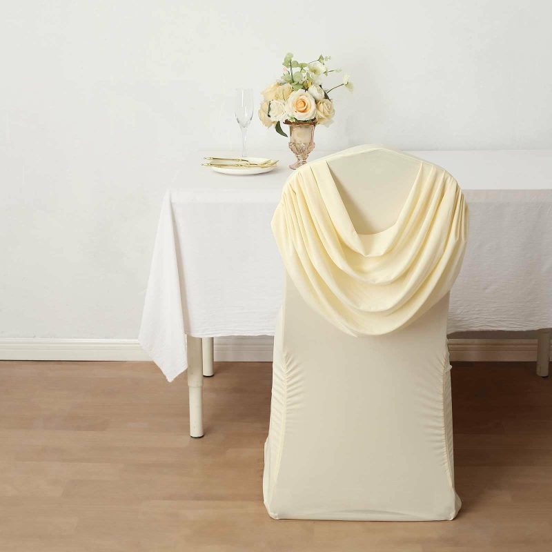 Ivory Ruched Swag Back Spandex Fitted Banquet Chair Cover With Foot Pockets  |   Spandex Fitted Banquet Chair Covers Ivory