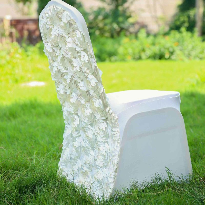 Ivory Satin Rosette Spandex Stretch Banquet Chair Cover, Fitted Slip On Chair Cover  |   Spandex Fitted Banquet Chair Covers Ivory