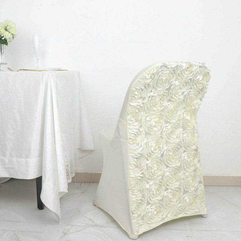 Ivory Satin Rosette Spandex Stretch Fitted Folding Chair Cover  |   Spandex Fitted Ivory