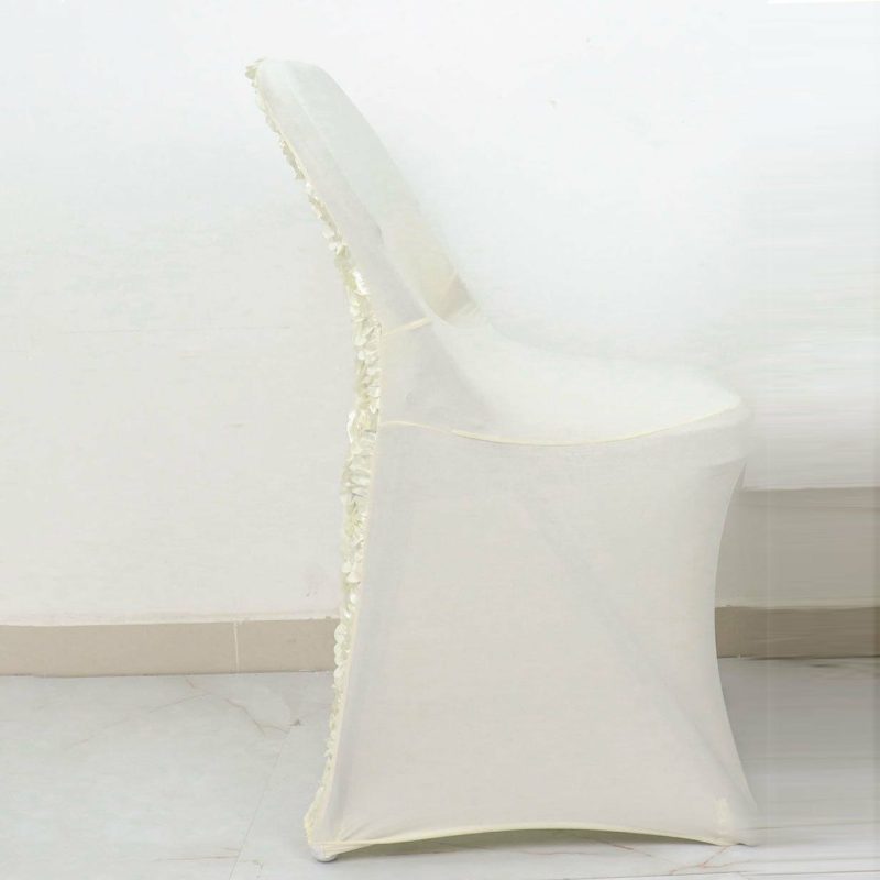 Ivory Satin Rosette Spandex Stretch Fitted Folding Chair Cover  |   Spandex Fitted Ivory