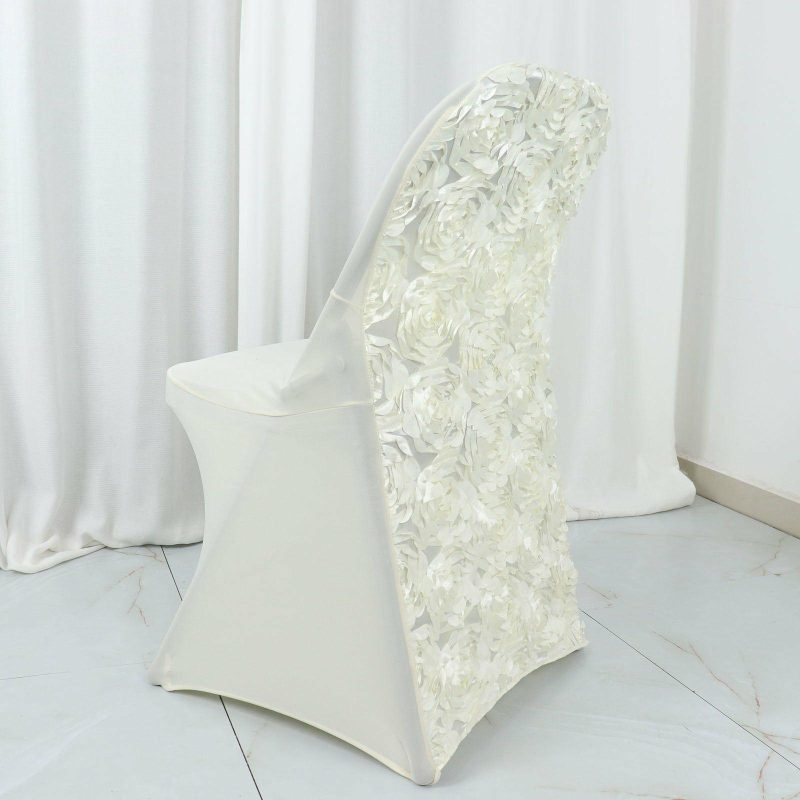 Ivory Satin Rosette Spandex Stretch Fitted Folding Chair Cover  |   Spandex Fitted Ivory