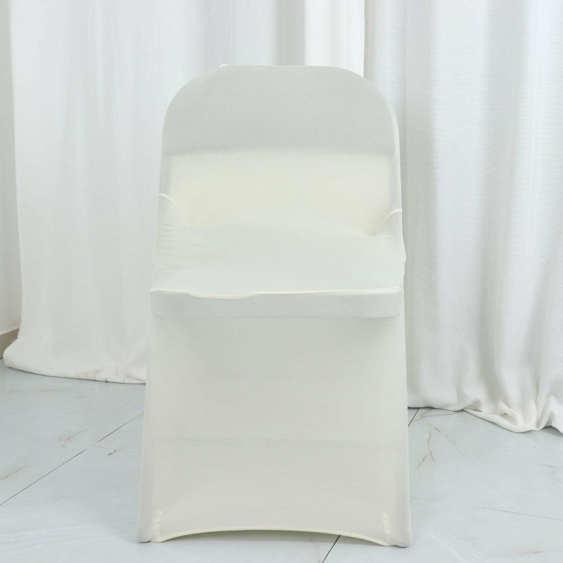 Ivory Satin Rosette Spandex Stretch Fitted Folding Chair Cover  |   Spandex Fitted Ivory