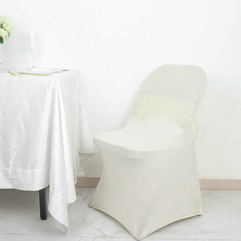 Ivory Satin Rosette Spandex Stretch Fitted Folding Chair Cover  |   Spandex Fitted Ivory