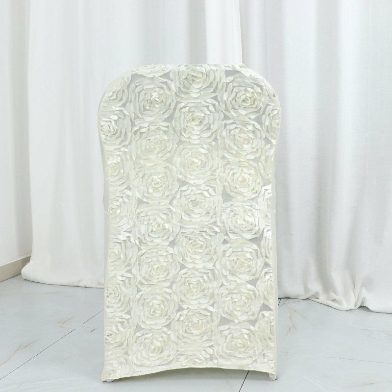 Ivory Satin Rosette Spandex Stretch Fitted Folding Chair Cover  |   Spandex Fitted Ivory