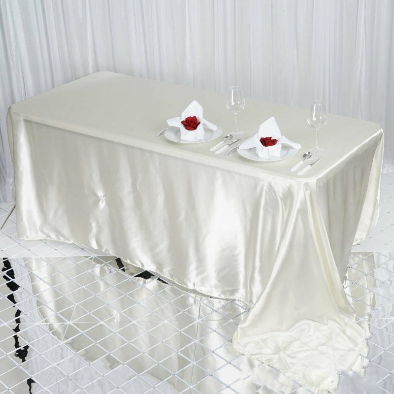 Ivory Satin Seamless Rectangular Tablecloth 90″x132″ for 6 Foot Table With Floor-Length Drop  |   Satin Satin Ivory