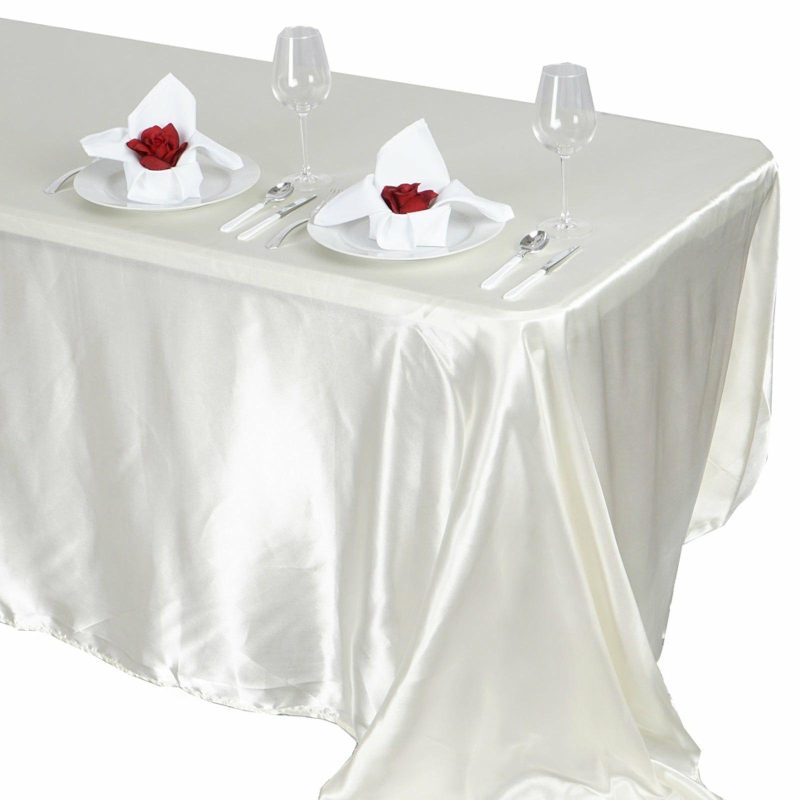 Ivory Satin Seamless Rectangular Tablecloth 90″x132″ for 6 Foot Table With Floor-Length Drop  |   Satin Satin Ivory