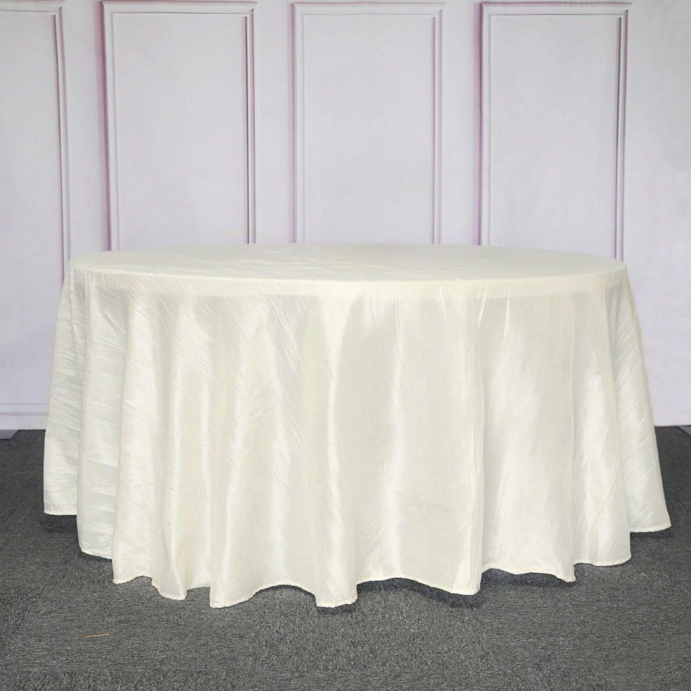 Ivory Seamless Accordion Crinkle Taffeta Round Tablecloth 120″ for 5 Foot Table With Floor-Length Drop  |   Pintuck, Crinkle & Leaf Pintuck, Crinkle & Leaf Ivory