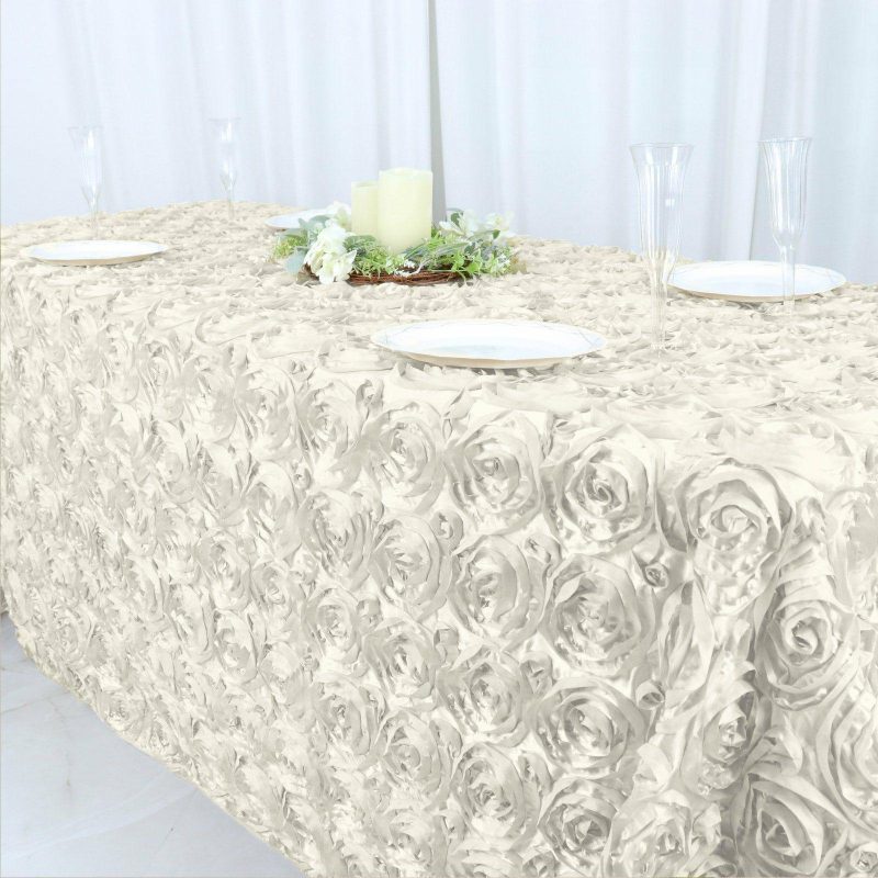 Ivory Seamless Grandiose 3D Rosette Satin Rectangle Tablecloth 90″x132″ for 6 Foot Table With Floor-Length Drop  |   Rosette Rosette Ivory