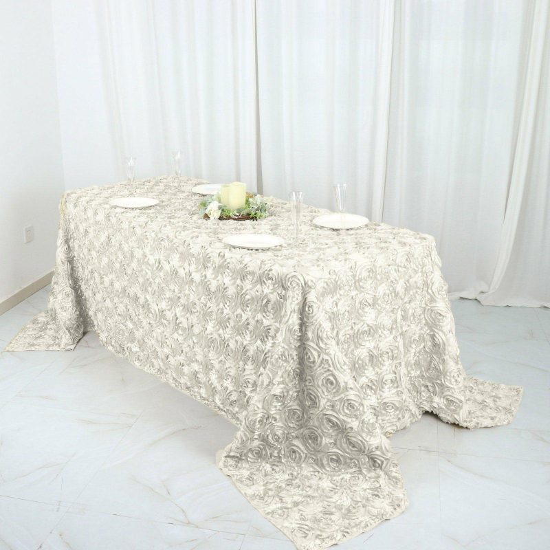 Ivory Seamless Grandiose 3D Rosette Satin Rectangle Tablecloth 90″x132″ for 6 Foot Table With Floor-Length Drop  |   Rosette Rosette Ivory