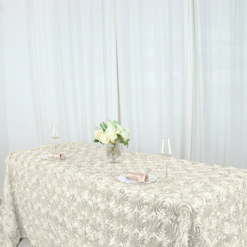 Ivory Seamless Grandiose 3D Rosette Satin Rectangle Tablecloth 90″x132″ for 6 Foot Table With Floor-Length Drop  |   Rosette Rosette Ivory