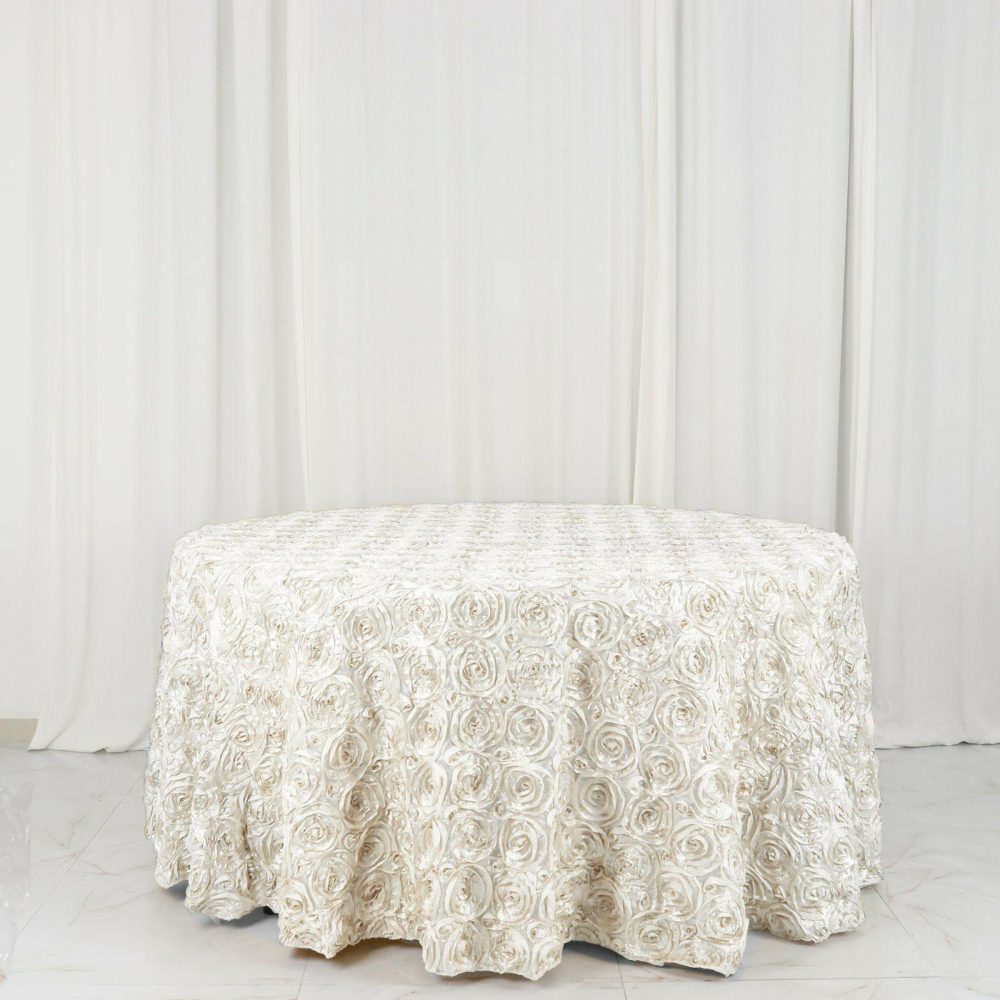 Ivory Seamless Grandiose 3D Rosette Satin Round Tablecloth 120″ for 5 Foot Table With Floor-Length Drop  |   Rosette Rosette Ivory