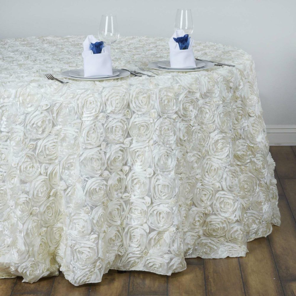 Ivory Seamless Grandiose Rosette 3D Satin Round Tablecloth 132″ for 6 Foot Table With Floor-Length Drop  |   Rosette Rosette Ivory