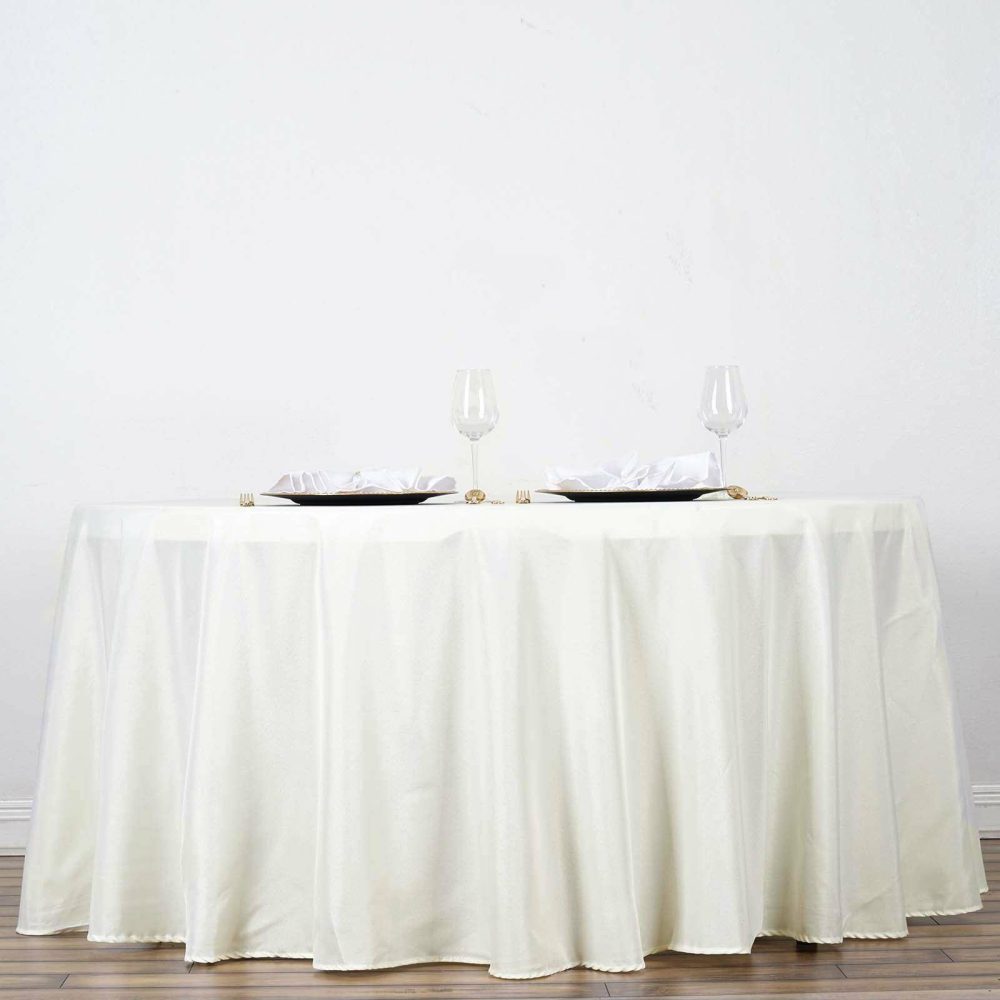 Ivory Seamless Polyester Round Tablecloth 132″ for 6 Foot Table With Floor-Length Drop  |   Polyester Polyester Ivory