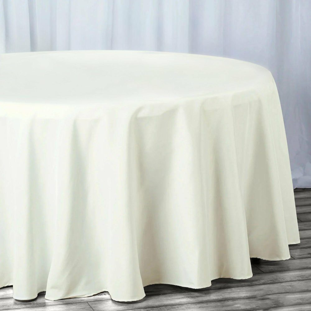 Ivory Seamless Premium Polyester Round Tablecloth 220GSM 132″ for 6 Foot Table With Floor-Length Drop  |   Polyester Polyester Ivory