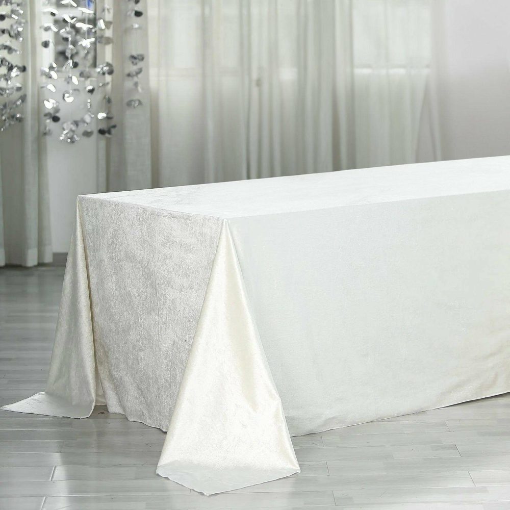 Ivory Seamless Premium Velvet Rectangle Tablecloth, Reusable Linen 90″x156″ for 8 Foot Table With Floor-Length Drop  |   Velvet & Flocking Tablecloths Ivory