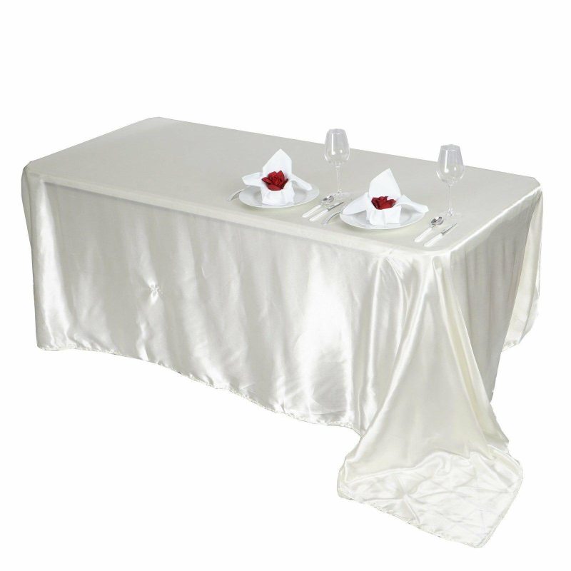 Ivory Seamless Satin Rectangular Tablecloth 90″x156″ for 8 Foot Table With Floor-Length Drop  |   Satin Satin Ivory