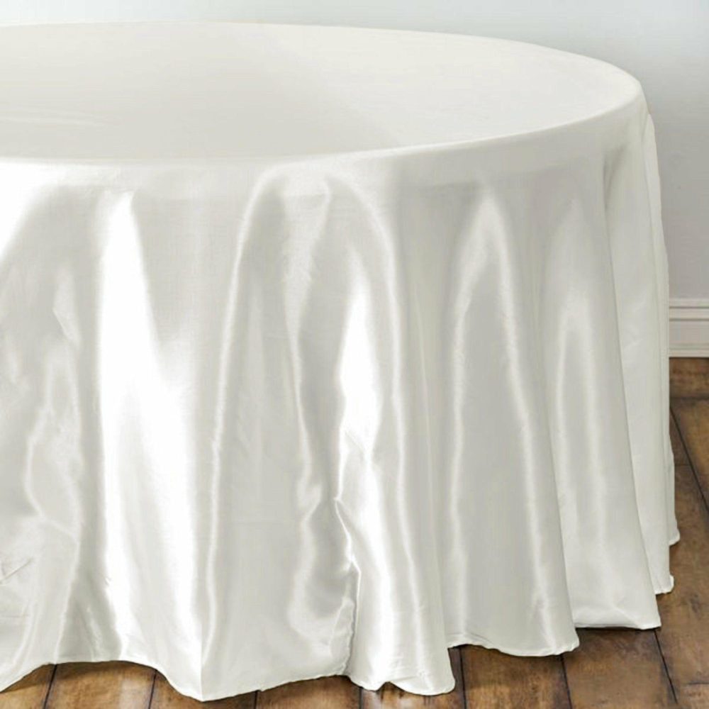 Ivory Seamless Satin Round Tablecloth 108″  |   Satin Satin Ivory