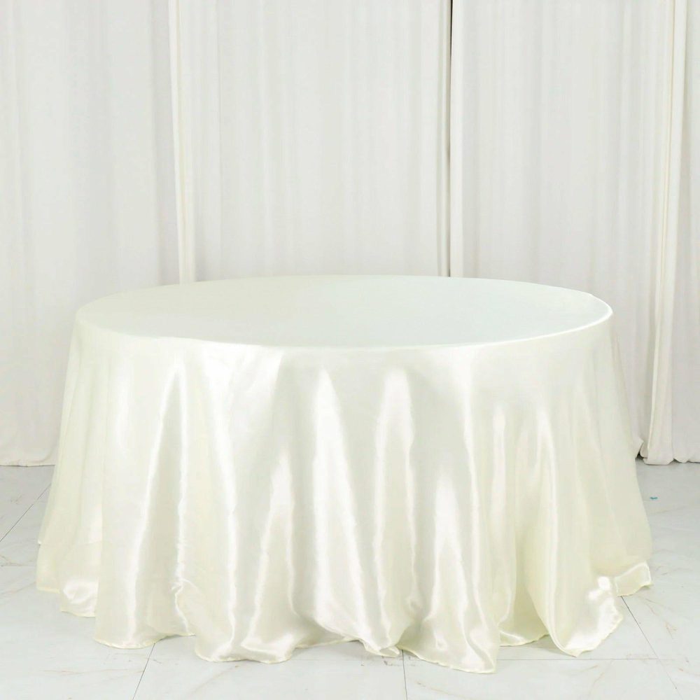 Ivory Seamless Satin Round Tablecloth 132″ for 6 Foot Table With Floor-Length Drop  |   Satin Satin Ivory