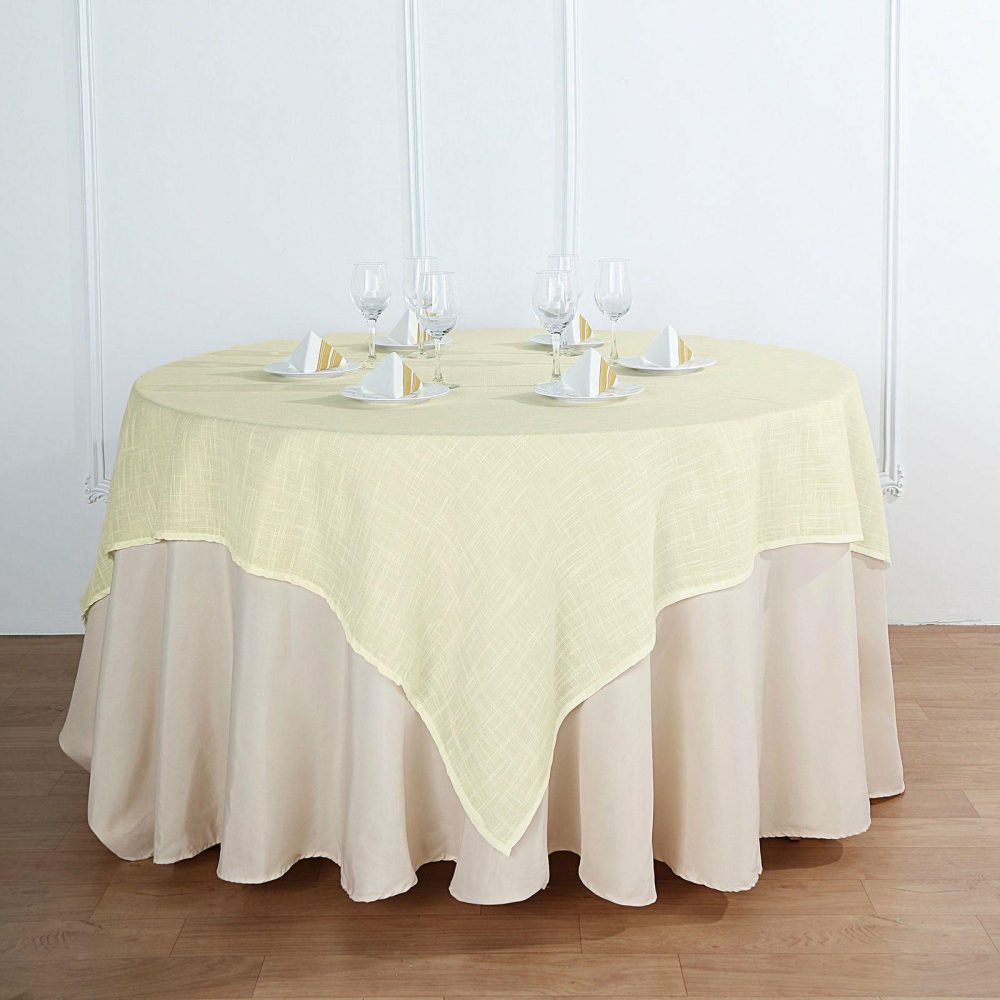 Ivory Slubby Textured Linen Square Table Overlay, Wrinkle Resistant Polyester Tablecloth Topper 72″x72″  |   Jute Burlap & Lace Jute Burlap & Lace Ivory