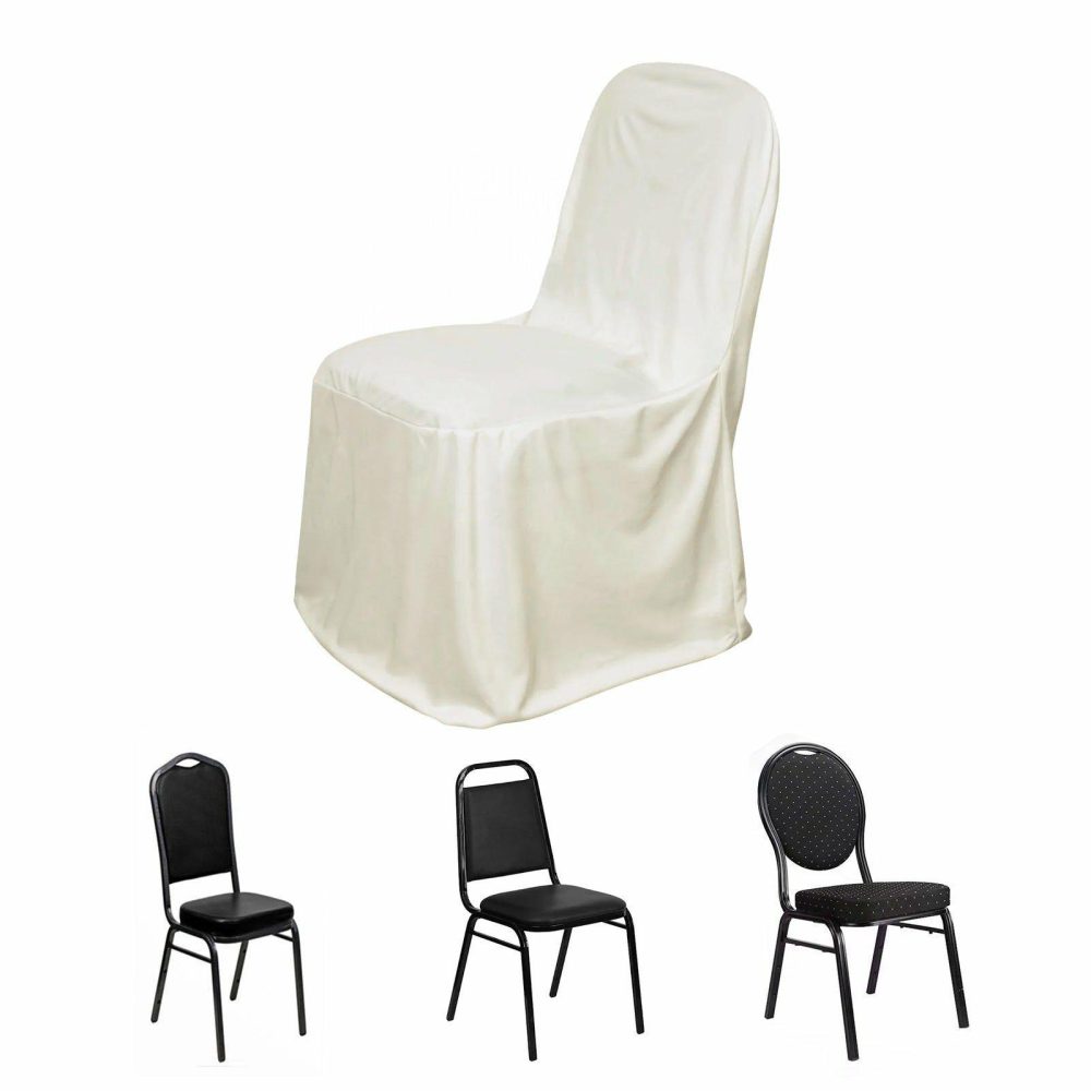 Ivory Stretch Slim Fit Scuba Chair Covers, Wrinkle Free Durable Slip On Chair Covers  |   Polyester & Satin Banquet Chair Covers Ivory