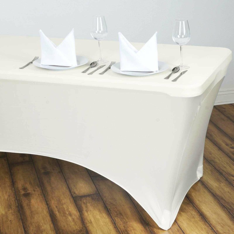 Ivory Stretch Spandex Rectangle Tablecloth 6ft Wrinkle Free Fitted Table Cover for 72″x30″ Tables  |   Spandex & Fitted Spandex & Fitted Ivory