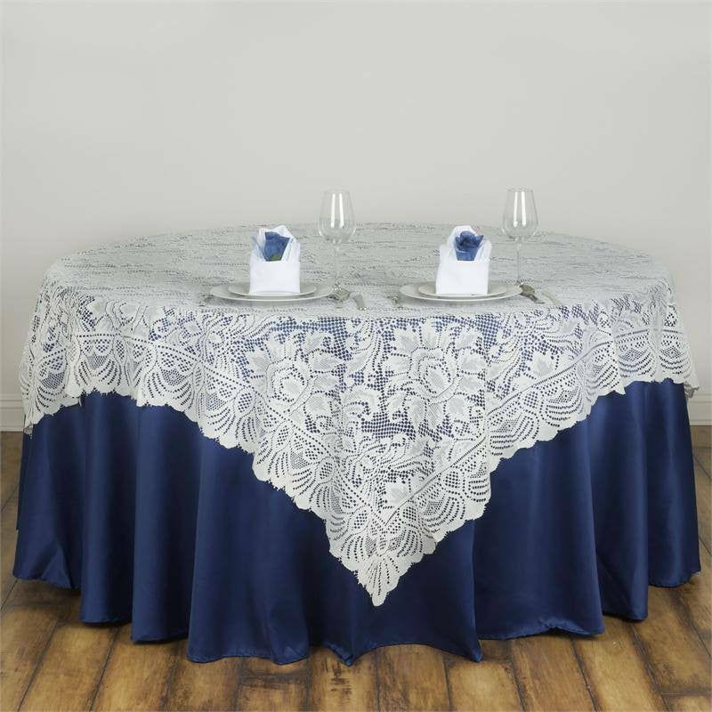 Ivory Victorian Lace Square Table Overlay 72″x72″  |   Jute Burlap & Lace Table Overlays Ivory