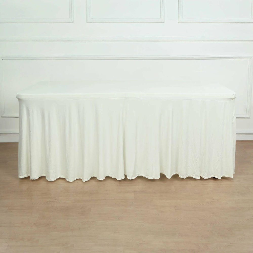 Ivory Wavy Spandex Fitted Rectangle 1-Piece Tablecloth Table Skirt 6ft, Stretchy Table Skirt Cover with Ruffles For 72″x30″ Tables  |   Spandex & Fitted Spandex & Fitted Ivory