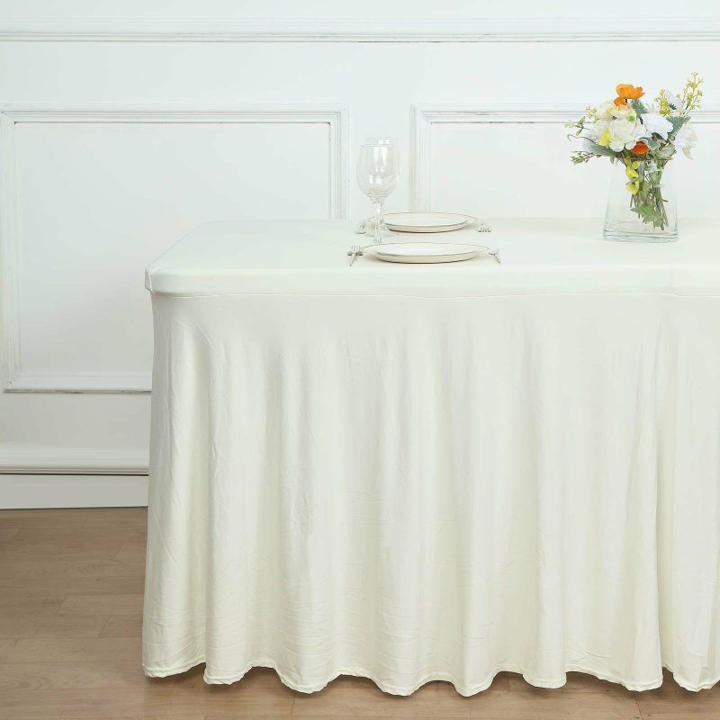 Ivory Wavy Spandex Fitted Rectangle 1-Piece Tablecloth Table Skirt 6ft, Stretchy Table Skirt Cover with Ruffles For 72″x30″ Tables  |   Spandex & Fitted Spandex & Fitted Ivory