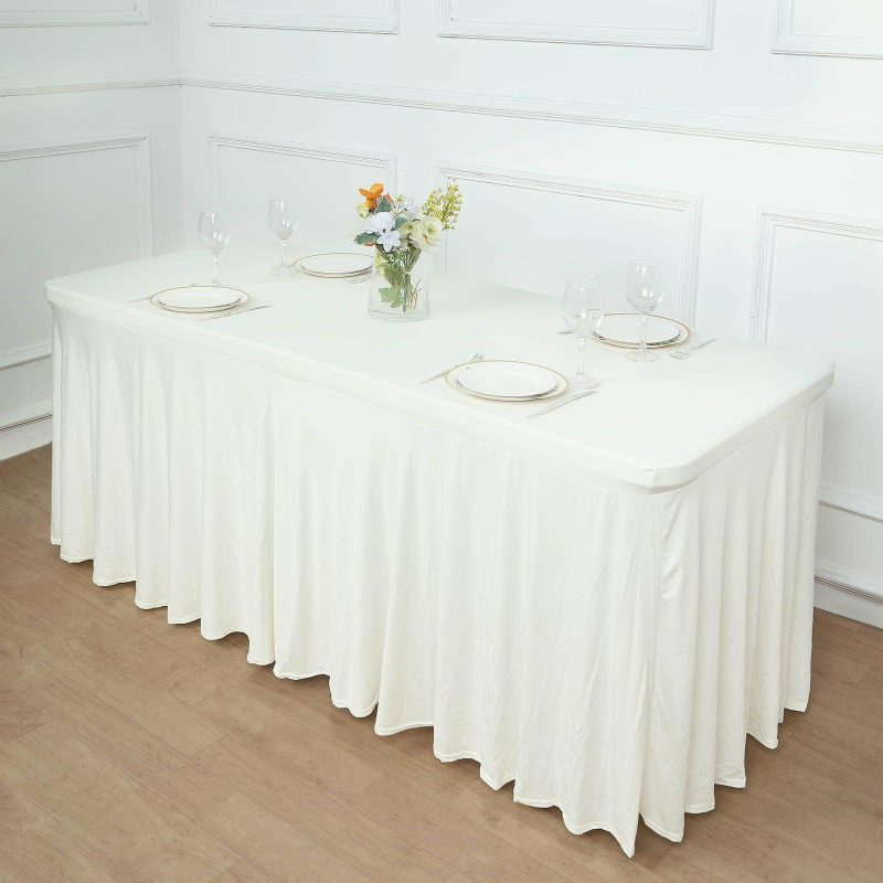 Ivory Wavy Spandex Fitted Rectangle 1-Piece Tablecloth Table Skirt 6ft, Stretchy Table Skirt Cover with Ruffles For 72″x30″ Tables  |   Spandex & Fitted Spandex & Fitted Ivory