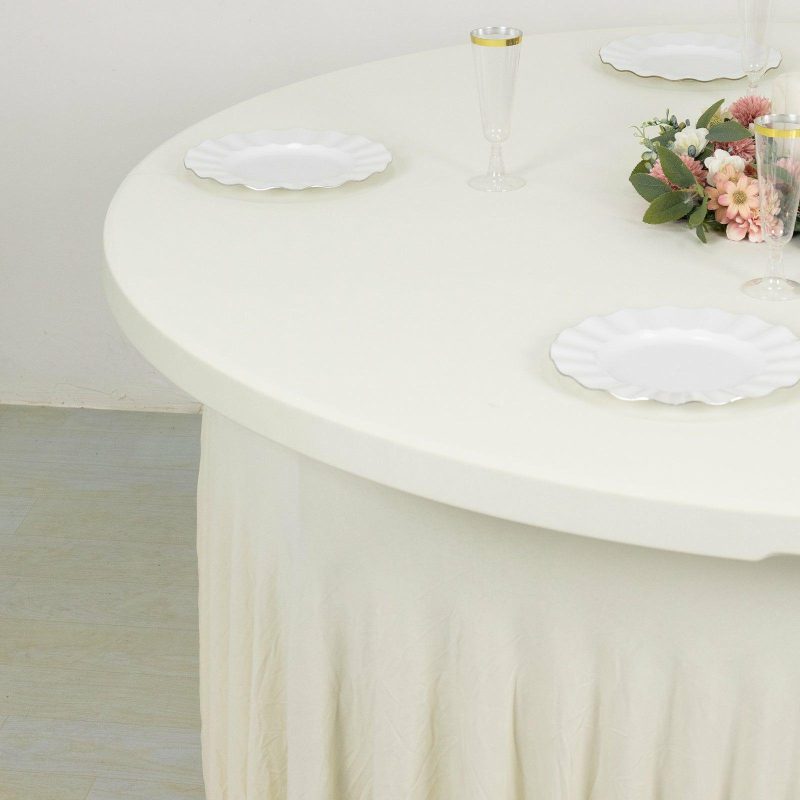 Ivory Wavy Spandex Fitted Round 1-Piece Tablecloth Table Skirt 6ft, Stretchy Table Cover with Ruffles For 72 In Tables  |   Spandex & Fitted Spandex & Fitted Ivory