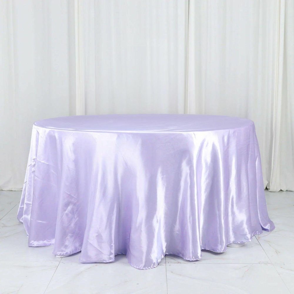 Lavender Lilac Seamless Satin Round Tablecloth 120″ for 5 Foot Table With Floor-Length Drop  |   Satin Satin Lavender Lilac