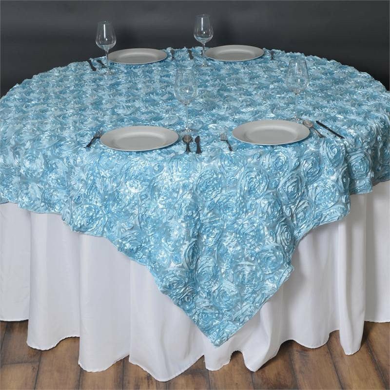 Light Blue 3D Rosette Satin Square Table Overlay 72″x72″  |   Satin & Taffeta Satin & Taffeta Light blue