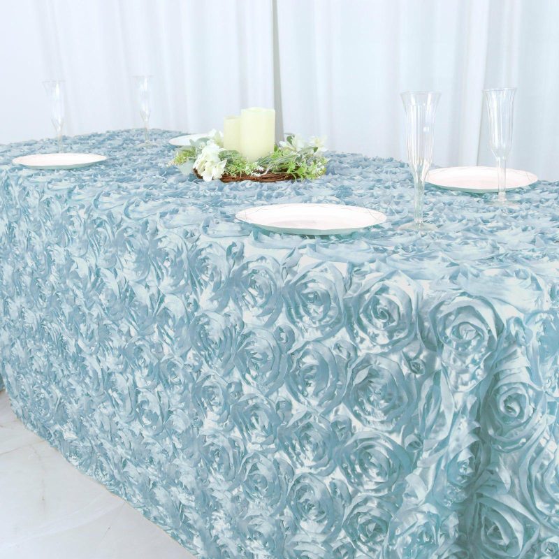 Light Blue Seamless Grandiose 3D Rosette Satin Rectangle Tablecloth 90″x132″ for 6 Foot Table With Floor-Length Drop  |   Rosette Rosette Light blue