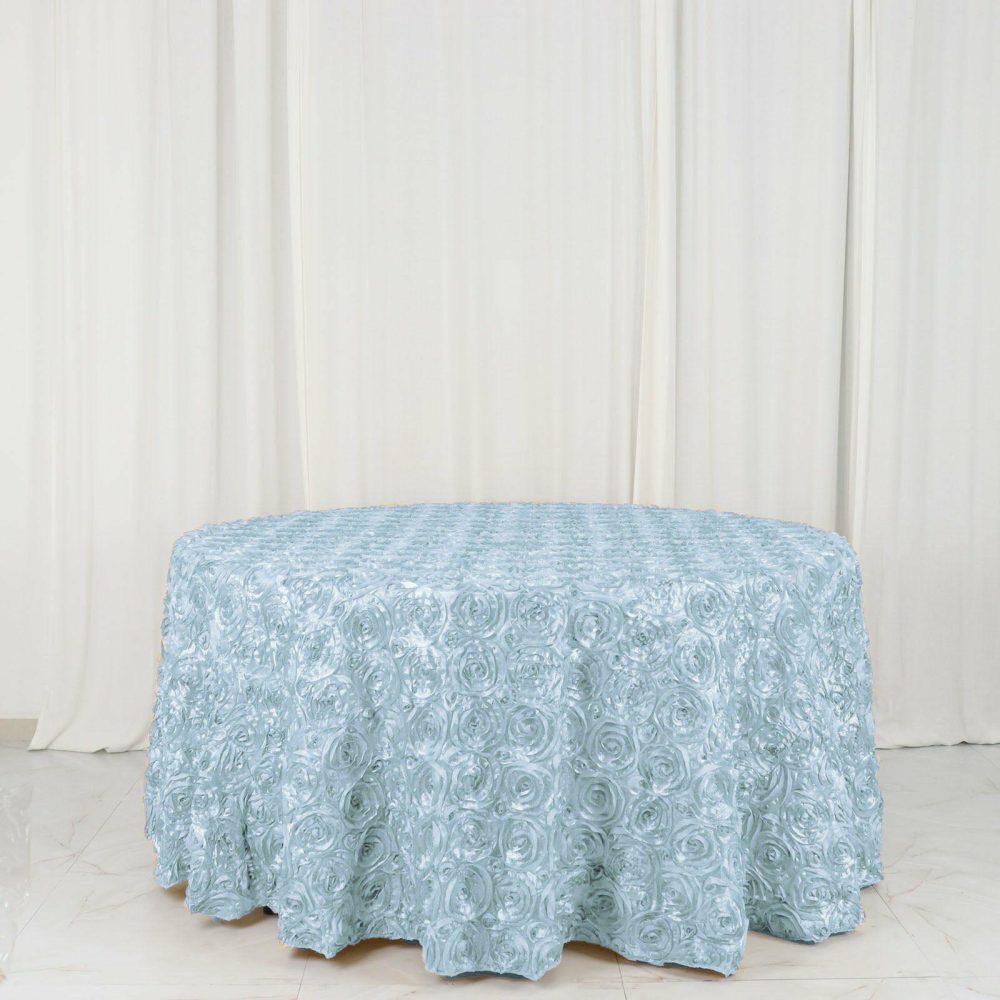 Light Blue Seamless Grandiose 3D Rosette Satin Round Tablecloth 120″ for 5 Foot Table With Floor-Length Drop  |   Rosette Rosette Light blue