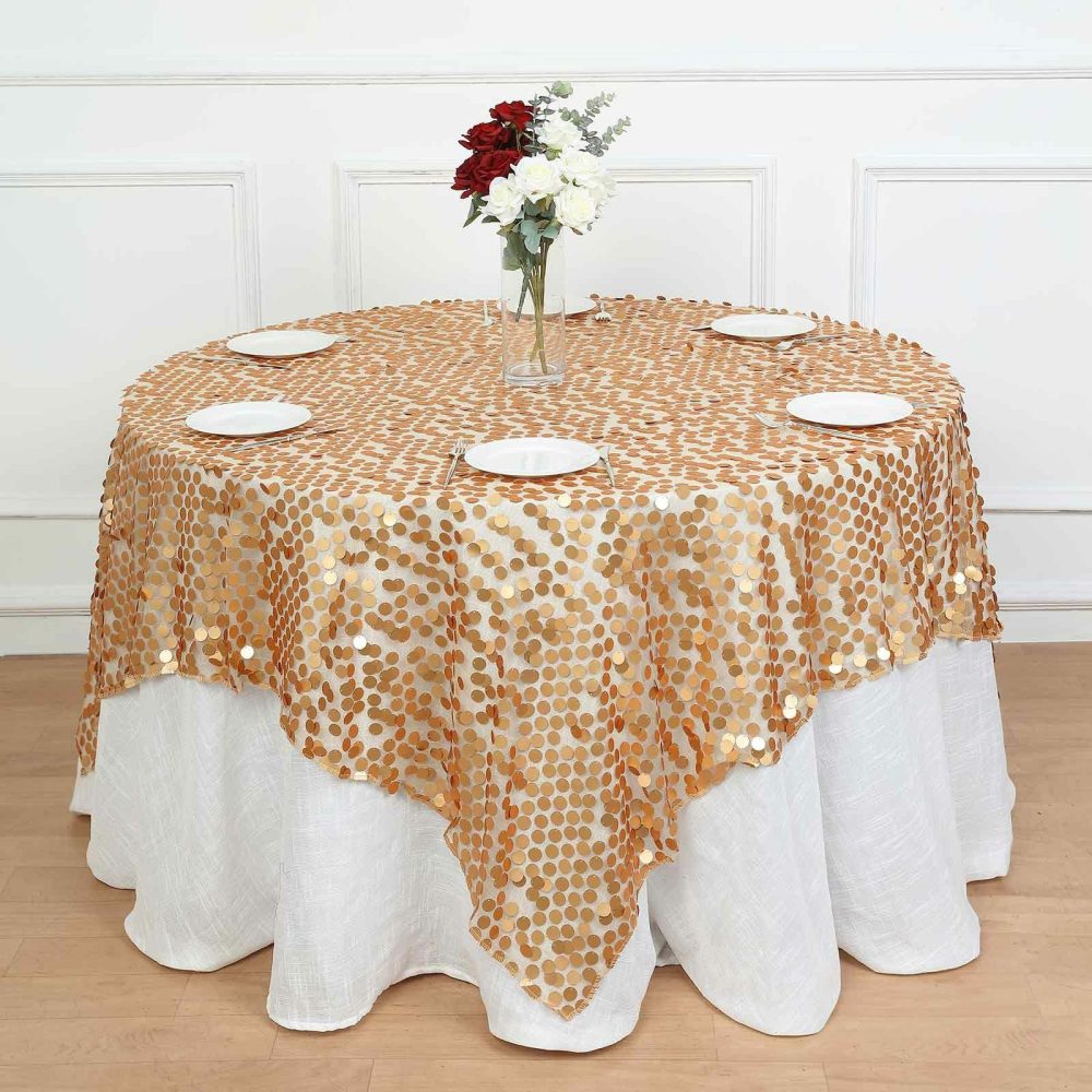 Matte Champagne Premium Big Payette Sequin Square Table Overlay 72″  |   Sequin Sequin Matte Champagne