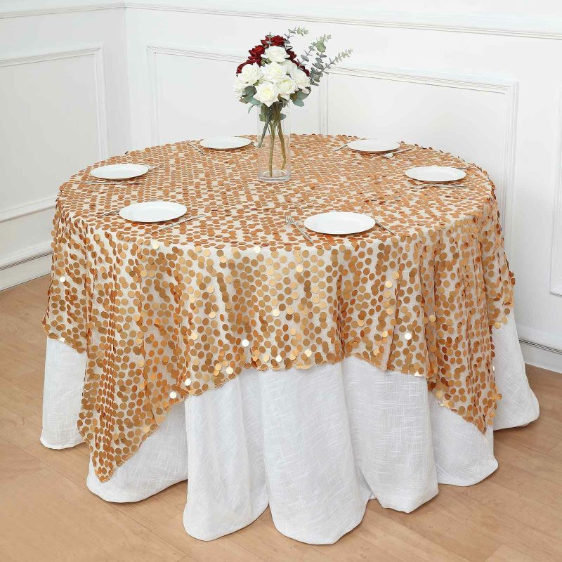 Matte Champagne Premium Big Payette Sequin Square Table Overlay 72″  |   Sequin Sequin Matte Champagne