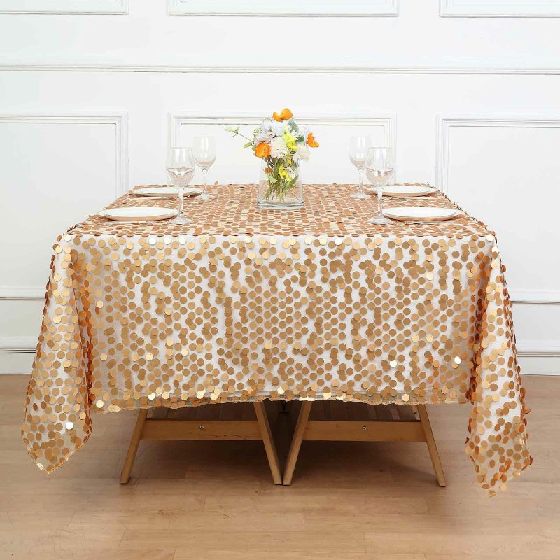 Matte Champagne Premium Big Payette Sequin Square Table Overlay 72″  |   Sequin Sequin Matte Champagne