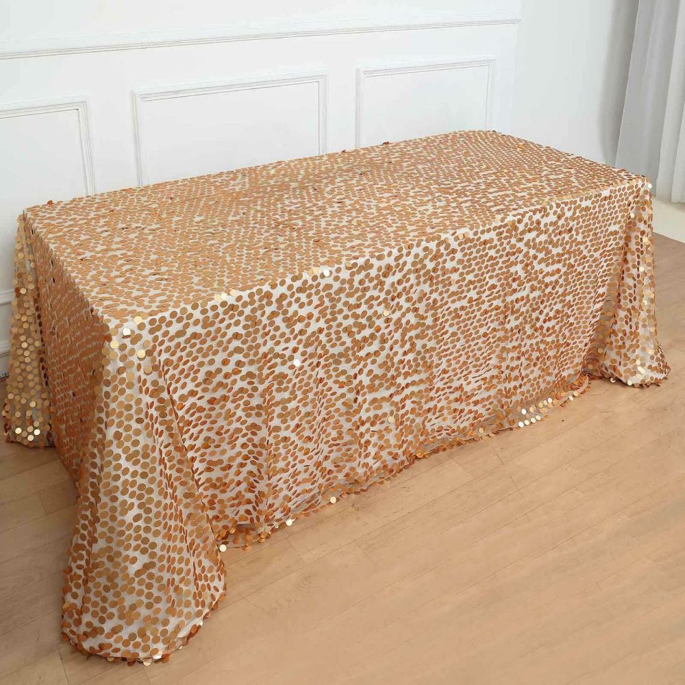 Matte Champagne Seamless Big Payette Sequin Rectangle Tablecloth Premium 90″x156″ for 8 Foot Table With Floor-Length Drop  |   Sequin Sequin Matte Champagne