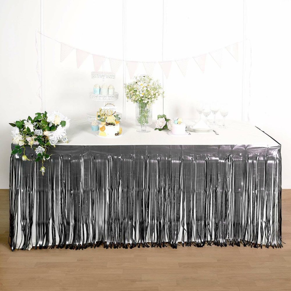 Matte Charcoal Gray Metallic Foil Fringe Table Skirt, Self Adhesive Tinsel Table Skirt 30″x9ft  |   Disposable Tablecloth Disposable Tablecloth Disposable Tablecloth