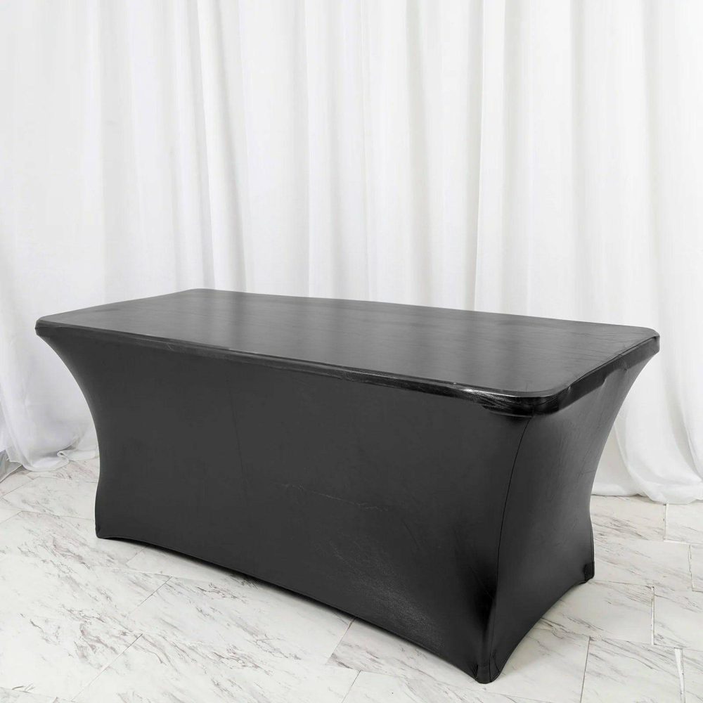 Metallic Black Stretch Spandex Rectangle Tablecloth 6ft Wrinkle Free Fitted Table Cover for 72″x30″ Tables  |   Spandex & Fitted Spandex & Fitted Black