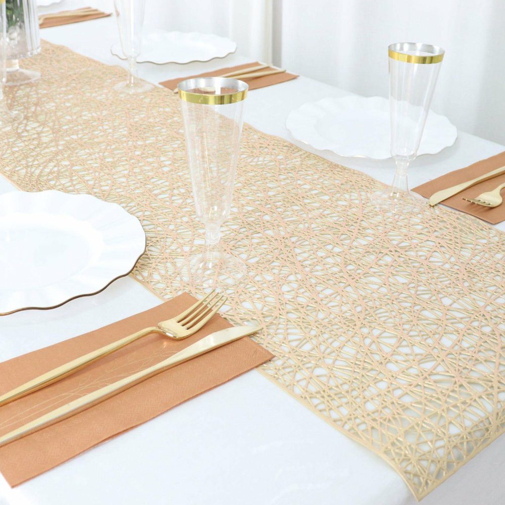 Metallic Gold Non-Slip Plastic Woven Vinyl Table Runner, Reversible Tabletop Runner 13″x6ft  |   Stylish Stylish Metallic Gold