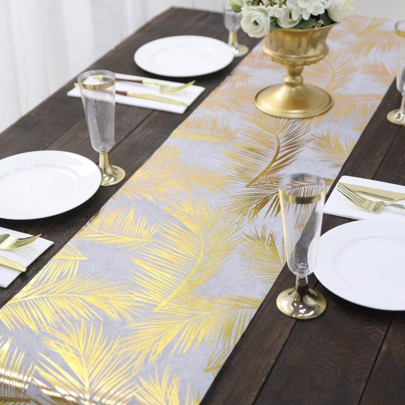 Metallic Gold Palm Leaves Non-Woven Foil Table Runner 108″  |   Stylish Stylish Stylish